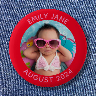 Rood en roze gepersonaliseerde ronde familiefoto ronde button 5,7 cm