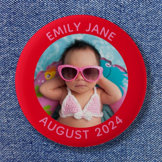 Rood en roze gepersonaliseerde ronde familiefoto ronde button 5,7 cm