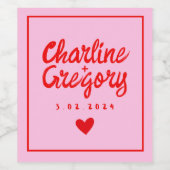 Rood en Roze Hart Modern Handschrift Wijn Etiket (Enkel label)