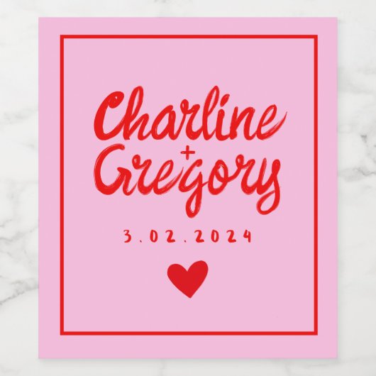 Rood en Roze Hart Modern Handschrift Wijn Etiket (Enkel label)