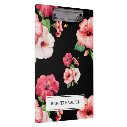 Rood en Roze Hibiscus wit label gepersonaliseerd Klembord (Rechts)