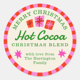 Rood en roze kerstcadeausticker met zwarte cacao ronde sticker