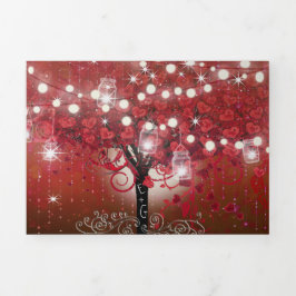 Rood- en roze lederboom op zwarte bruiloft drieluik uitnodiging