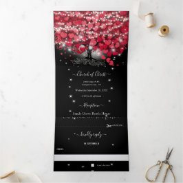 Rood- en roze lederboom op zwarte bruiloft drieluik uitnodiging