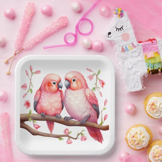 Rood en Roze Lovebirds Papieren Bordje (Feest)