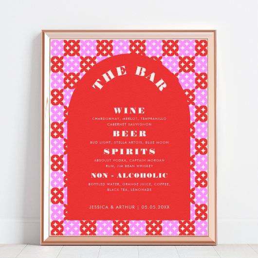 Rood en Roze Midcentury Mod Bruiloft Bar Drink Men Poster