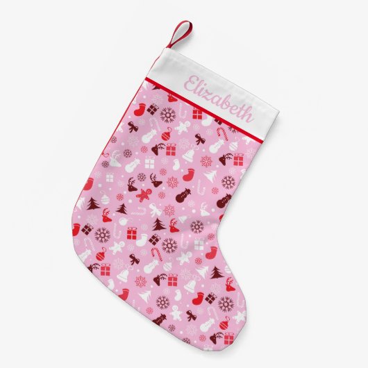Rood en Roze Mistletoe Sneeuw Feestelijk Patroon Kleine Kerstsok (Voorkant (Hangend))