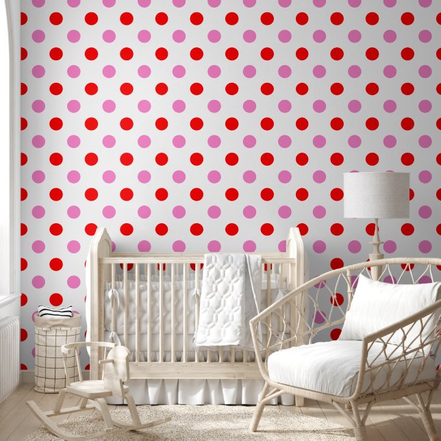 Rood en Roze op Wit Stippen Design  Behang (Kinderen)