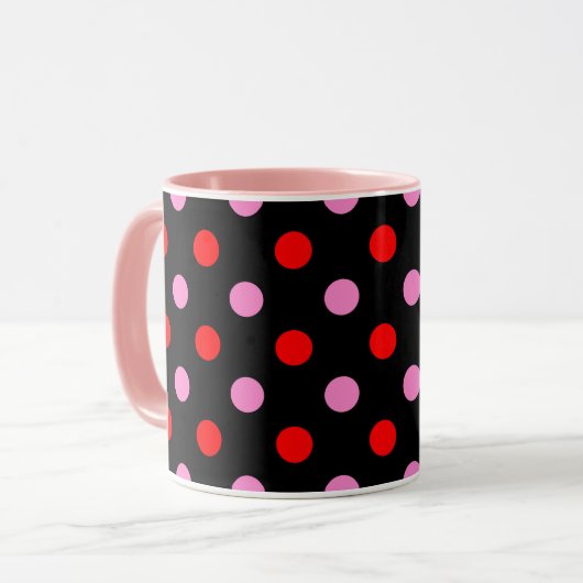 Rood en Roze op Zwarte Stippen Design Mok (Voorkant links)