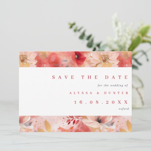 Rood en roze Painterly Floral QR Code Weddenschap Save The Date (Staand voorkant)