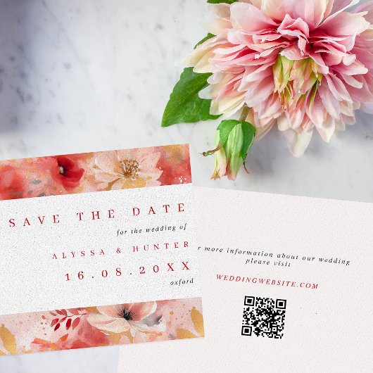 Rood en roze Painterly Floral QR Code Weddenschap Save The Date