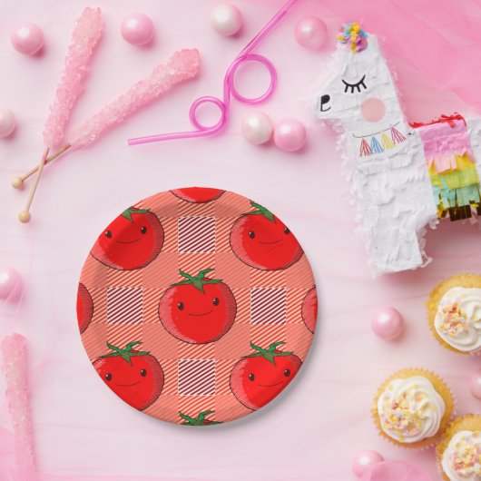 Rood en Roze Plaid Tomaat Tartan Patroon Papieren Bordje (Feest)