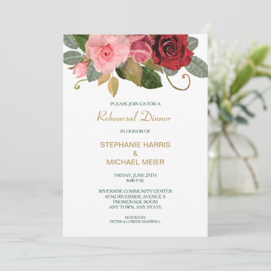 Rood en Roze Rand Bruiloft Repetitie Diner Kaart (Staand voorkant)