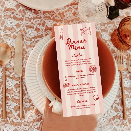 Rood en Roze Retro Geïllustreerd | Diner Bruiloft Menu