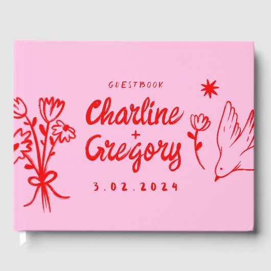 Rood en Roze Retro Handlettering Gastenboek (Voorkant)