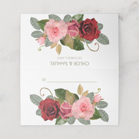 Rood en Roze Roze Boeket Bruiloft Plaatskaartje (Buitenkant ongevouwen)