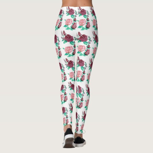 Rood en roze roze met groene bladeren Fancy waterk Leggings (Achterkant)