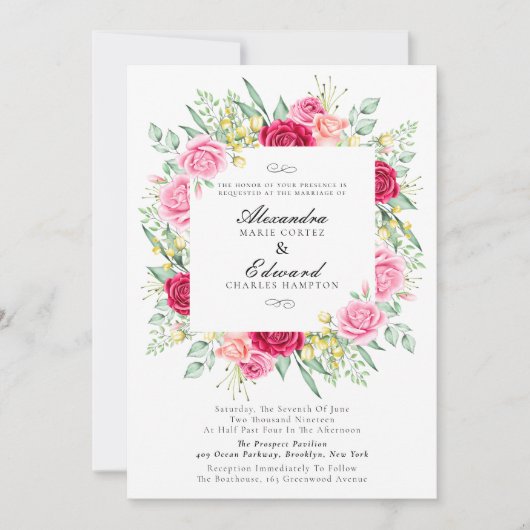 Rood en roze roze, tuinbruiloft kaart (Voorkant)