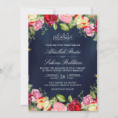 Rood en Roze Rozen Bloemen Navy Blauw Moslim Bruil Kaart (Voorkant)