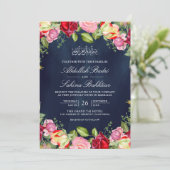 Rood en Roze Rozen Bloemen Navy Blauw Moslim Bruil Kaart (Staand voorkant)