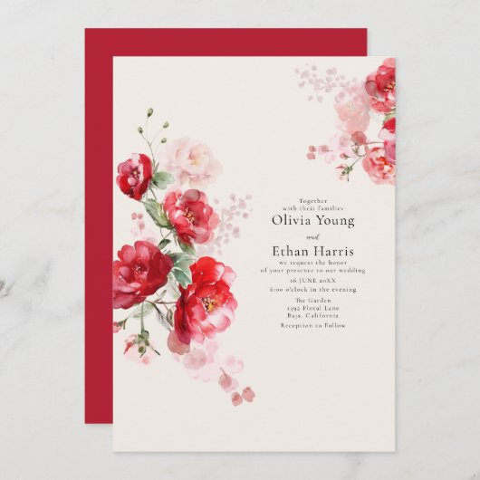 Rood- en roze Rozen bruiloft Kaart (Voorkant / Achterkant)