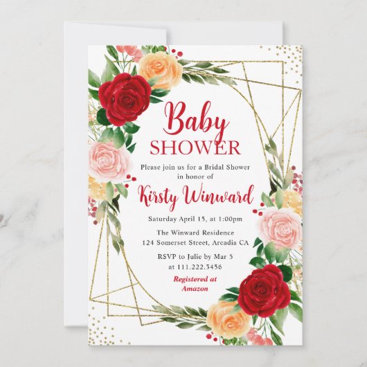 Rood en Roze Rozen & Goud Lijst Baby shower Kaart (Voorkant)