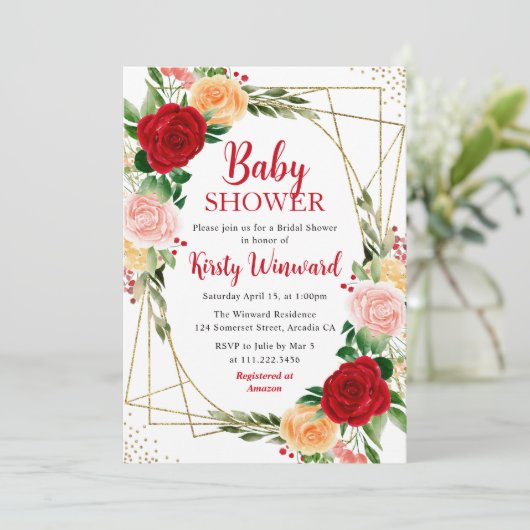 Rood en Roze Rozen & Goud Lijst Baby shower Kaart (Staand voorkant)
