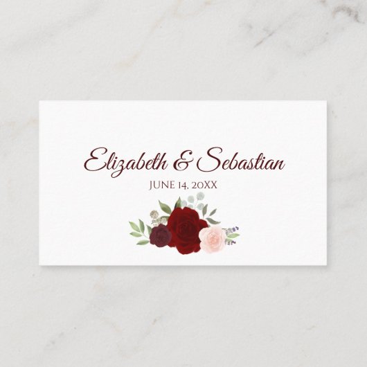 Rood- en roze rozenweddenschap met schrijfmachine- plaatskaartje (Achterkant)