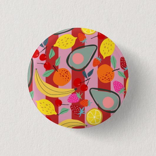 Rood en roze streep fruitpatroon ronde button 3,2 cm (Voorkant)