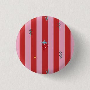 rood en roze streep, strak ontwerp met aardbeien ronde button 3,2 cm