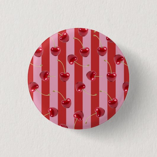 Rood en roze streepdesign met kersen ronde button 3,2 cm (Voorkant)