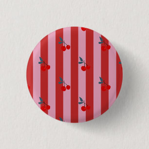 Rood en roze streepdesign met kersenkaart ronde button 3,2 cm