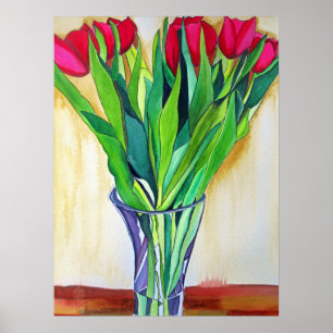 Rood- en roze tulpen waterverf bloemen poster