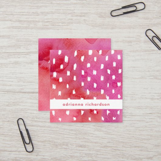 Rood en roze Waterverf met Stippen Vierkante Visitekaartje (Voorkant / Achterkant in situ)