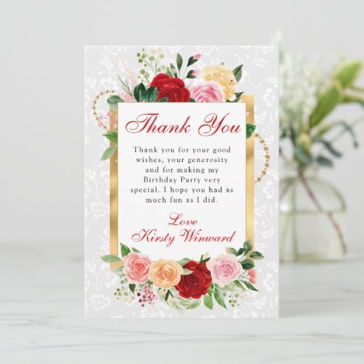 Rood en Sinaasappel Rozen Bloemen Goudfolie Verjaa Bedankkaart (Staand voorkant)