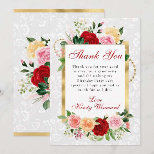 Rood en Sinaasappel Rozen Bloemen Goudfolie Verjaa Bedankkaart (Voorkant / Achterkant)