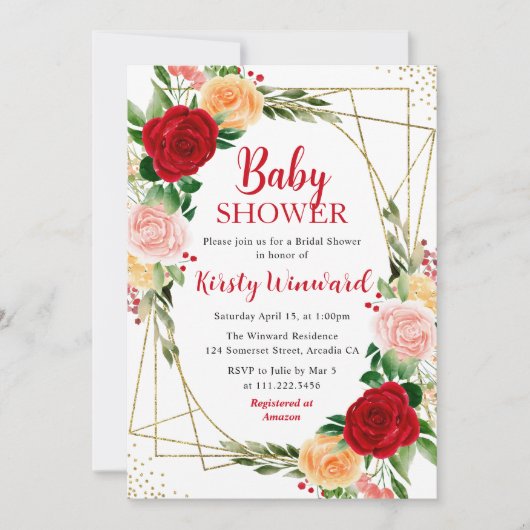 Rood en sinaasappel Rozen & Goud Lijst Baby shower Kaart (Voorkant)