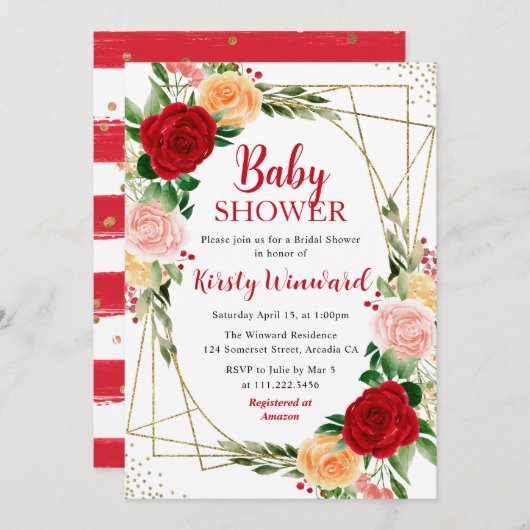 Rood en sinaasappel Rozen & Goud Lijst Baby shower Kaart (Voorkant / Achterkant)