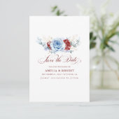 Rood en stoffig blauwe bloemige bewaar de datum save the date (Staand voorkant)