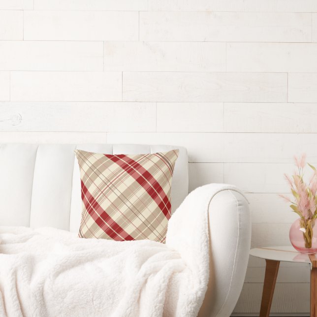Rood en Tan Beige Plaid Patroon Tartan Diagonaal Kussen (Bank)