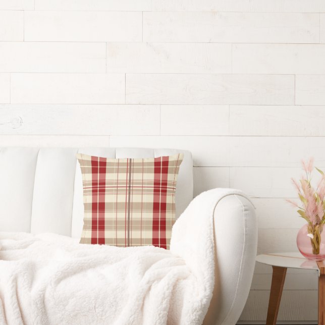Rood en Tan Beige Plaid Patroon Tartan Kussen (Bank)