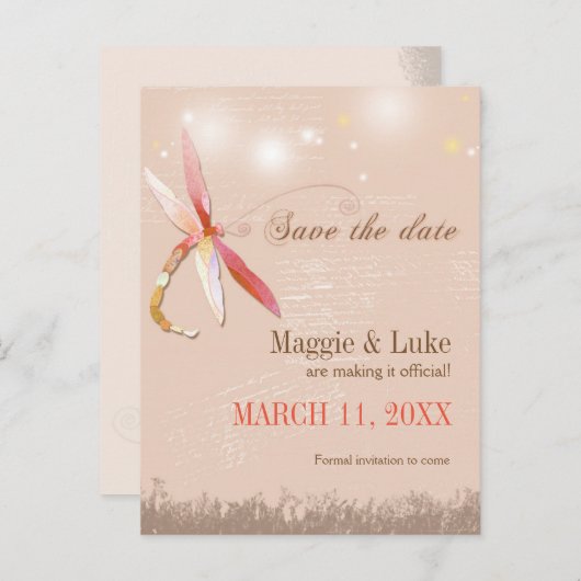 Rood en Tan Dragonfly Weddenschap Opslaan Datum Aankondigingskaart (Voorkant / Achterkant)