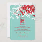 Rood en Turquoise Bamboo Leaves Zen Chinese Weddin Kaart (Achterkant)