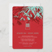 Rood en Turquoise Bamboo Leaves Zen Chinese Weddin Kaart (Voorkant)