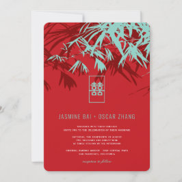 Rood en Turquoise Bamboo Leaves Zen Chinese Weddin Kaart