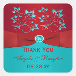 Rood en Turquoise Bloemen Bruiloft Favor Sticker