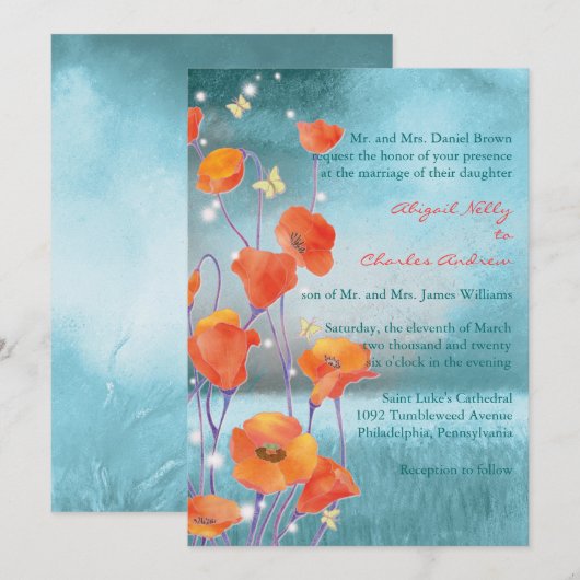 Rood- en Turquoise Poppy Floral Wedding Kaart (Voorkant / Achterkant)