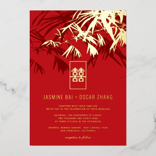 Rood en Turquoise Zen Bamboo trekt Chinees huwelij Folie Uitnodiging (Voorkant)