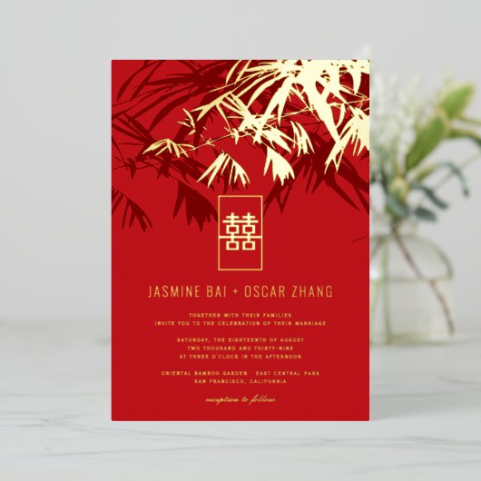 Rood en Turquoise Zen Bamboo trekt Chinees huwelij Folie Uitnodiging (Staand Voorkant)