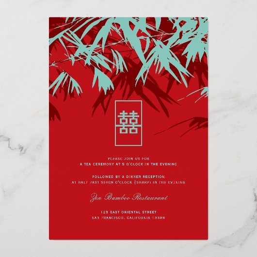 Rood en Turquoise Zen Bamboo trekt Chinees huwelij Folie Uitnodiging (Achterkant)